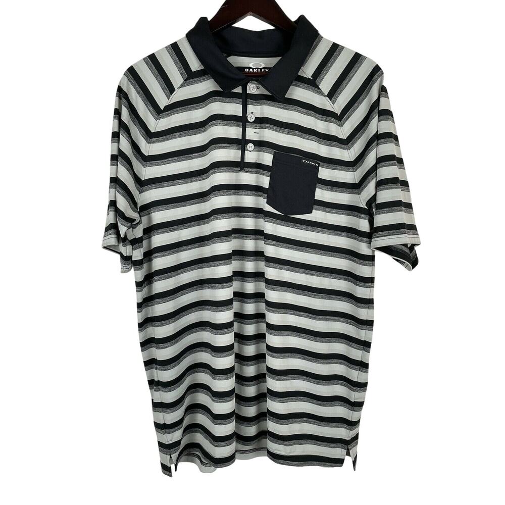 Oakley Hydrolix Polo Shirt Mens XL gray Striped Golf Short Sleeve Pullover EUC